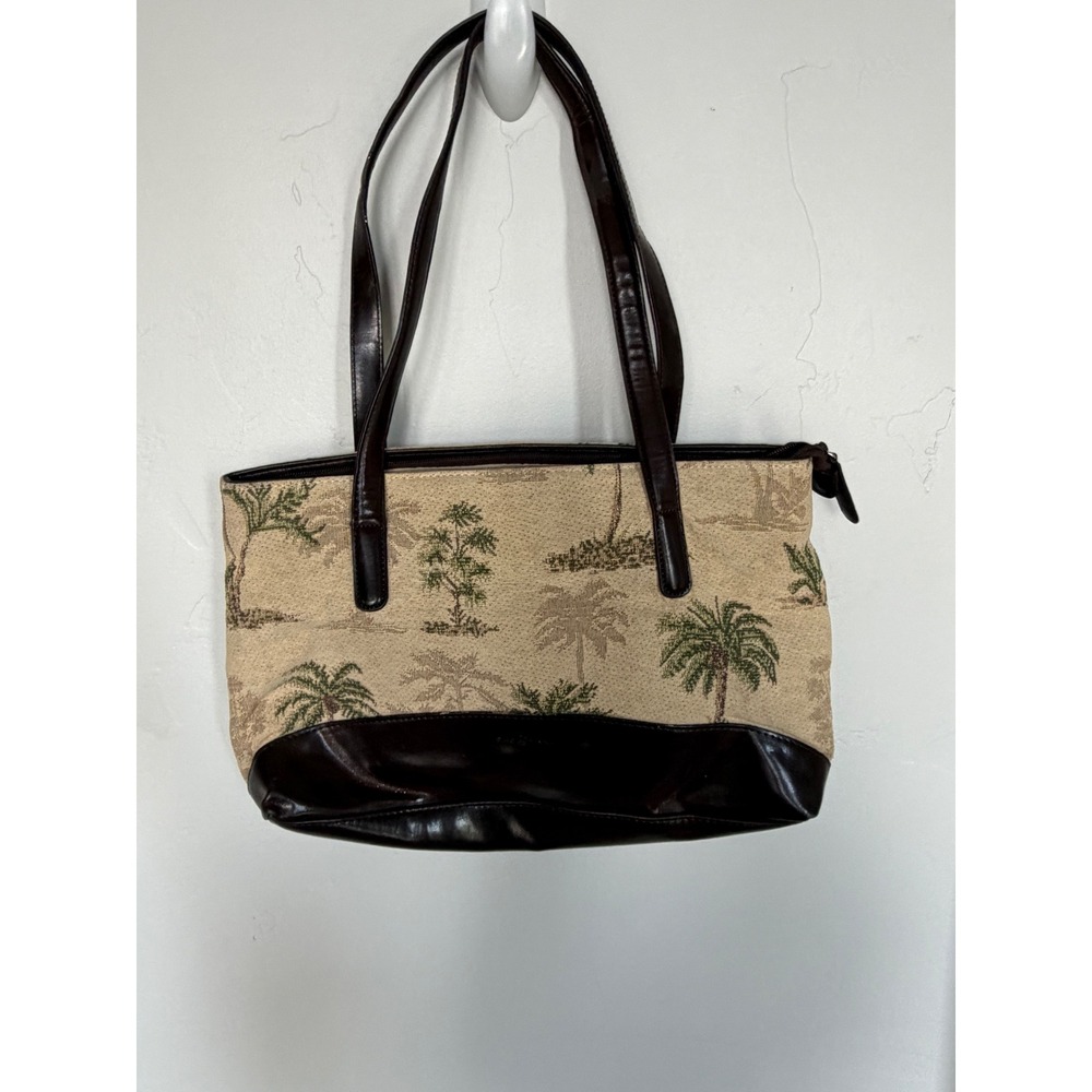 Sag Harbor Tropical Palm Tree Tapestry Shoulder Bag Brown Faux Leather Tote